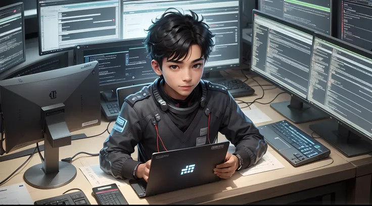 Boy characteristics: black hair, young, with a focused smile on his face, slightly tired but passionate.
Workstation: A modern workstation, consisting of a desk, computer and other technological equipment.
Coding: The boy is tapping intently on the keyboar...