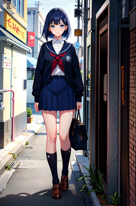 1girl, matching shoes, matching socks, dark blue hair, dark blue eyes, medium breasts, stand, standing, bob hair, high school uniform, high school backdrop, solo, beautiful detailed eyes