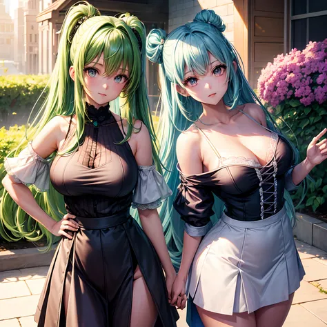 (American Planner),(巨作), (High quality anime illustrations), (Highly detailed and complex), only one girl, Beautiful 26 year old girl with green hair knots, Slim build, Anime style loli, Lilac eyes, Encouraging, Medium-sized breasts with a good shape, Focu...