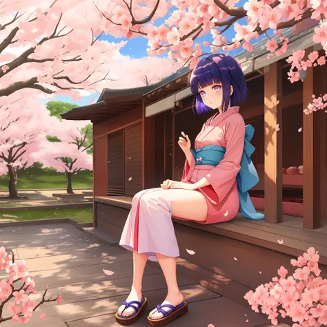 1girll， hyuga hyuga， do lado de fora， sun light， Tile wood painting，Under the cherry blossom trees，Fluttering cherry blossoms，low-saturation，long baby blue hair，White eyes，Wearing a kimono