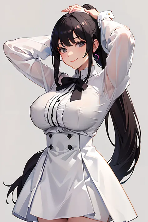 girl wearing white shirt, long sleeves, black hair, medium hair, white skirt, black eyes, tight fit, very long skirt, hands above head, very big breast, masterpiece, best quality, smug smile, leaning forward, mouth open, tight skirt, ponytail