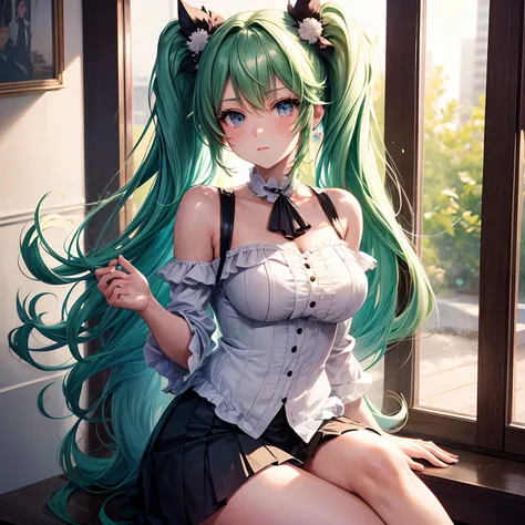 (American Planner),(巨作), (High quality anime illustrations), (Highly detailed and complex), only one girl, Beautiful 26 year old girl with green hair knots, Slim build, Anime style loli, Lilac eyes, Encouraging, Medium-sized breasts with a good shape, Focu...