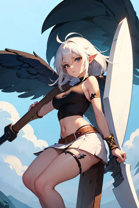 Cartoon girl with big head and big axe, cute character, inka harpy girl, Game character design, Stylized anime,white backgrounid