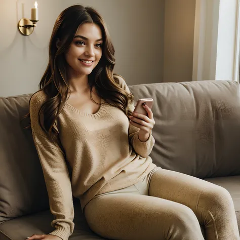 Capture the candid essence of Autumn, the charismatic influencer, laughing at something on her phone as she lounges comfortably on her home couch. Autumn, in her mid-20s, stands at approximately 54" with long, wavy chestnut hair cascading gracefully onto h...