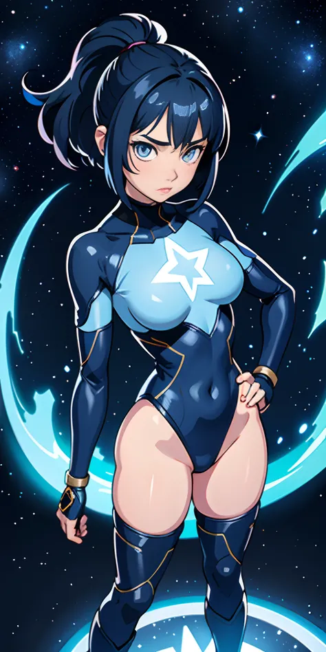 1girl, superhero, leotard, bare legs, boots, matching boots, dark blue hair, dark blue eyes, star symbol on chest, bob hair, medium breasts, light particles, aura, blue aura, stand, standing, space backdrop, magic, hand on hip, beautiful detailed eyes, bod...