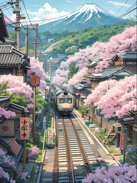 Central Japan train、Japan countryside、Cinematic scenery、Studio Ghibli、Sakura blizzard、during daytime、​​clouds、masutepiece,Best Quality,Sketch style、