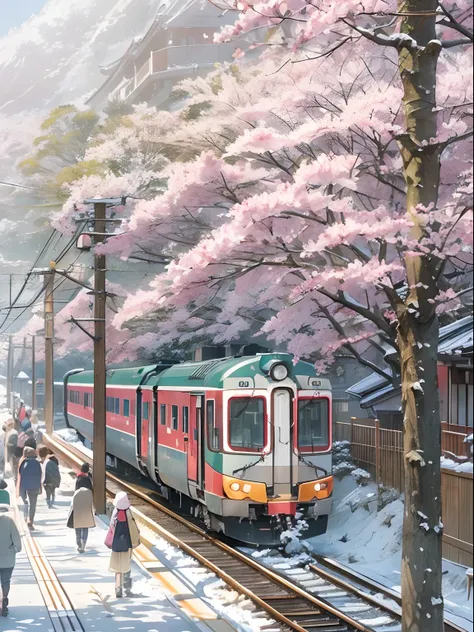 Central Japan train、Japan countryside、Cinematic scenery、Studio Ghibli、Sakura blizzard、during daytime、​​clouds、masutepiece,Best Quality,Sketch style、