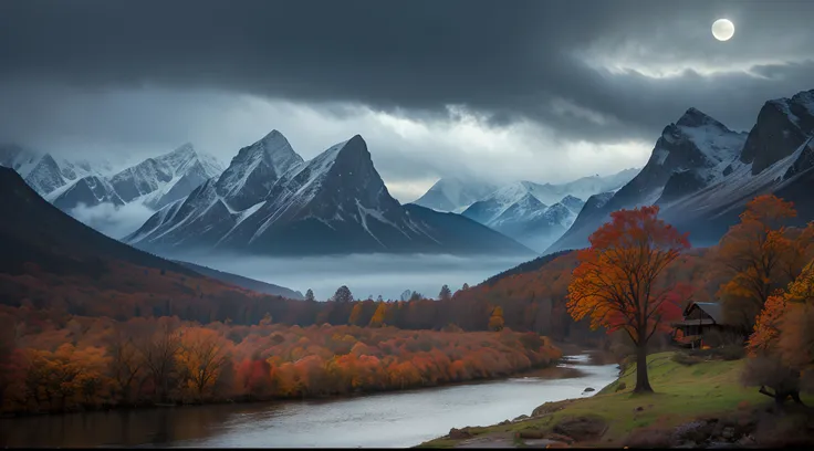 real world, (hyperrealism:1.1), (scales of extreme detail:1.3), best quality, dingdall effect,
photo RAW, (autumn, mountains and a storm lake with a moon in the sky, old wooden slab home, 4k highly detailed digital art, 4 k hd wallpaper very detailed, impr...