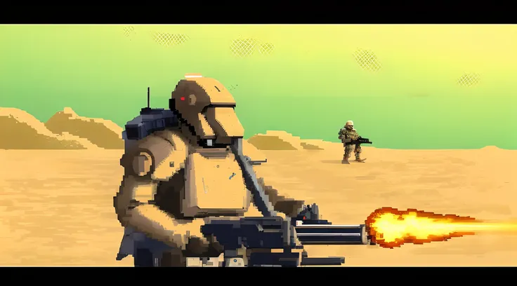 masterpiece, high quality, realistic, man in a gas mask holding a gun in a desert, soldiers and mech fight, space soldier on mars with a gun, mech warrior, battletech style, mech machines firing bullets, konami mecha, war robot, mad max battlemech, saudi f...