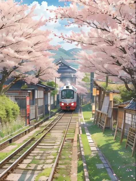 Chubu Japan Railway、Japan countryside、shoun、Cinematic scenery、Studio Ghibli、cherry trees、during daytime、​​clouds、masutepiece,Best Quality,Sketch style、