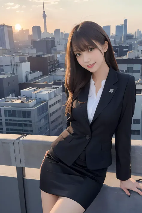 masterpiece, best quality, highres,detailed face,1girl, japanese,small breasts,smile,(simple business suit,jacket,pencil skirt:1.1),high heels,tokyo, rooftop, overlooking, bustling city, urban jungle, skyscrapers, panoramic view, sunset, skyline,windy,(org...