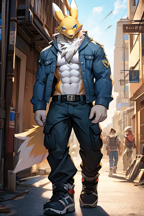 male renamon, muscular, white hair, denim jacket, cargo pants