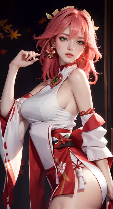 ((autumn background))), ((shogun room background)))), (((luminous background))), (Masterpiece, Excellent, 1girl, solo, complex details, color difference), realism, ((medium breath)), off-the-shoulders, big breasts, sexy, Yae Miko, long pink hair, red headd...