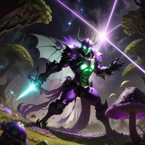 Purple monster with green eyes fighting a beetle. Monster holding a laser sword. It is surrounded by fly agarics. Stars fall from the sky