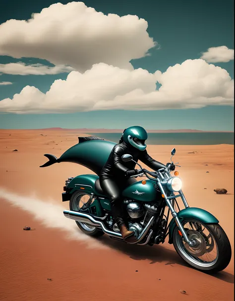 A dolphin riding a motorcycle on a cloud on mars with a lot of grass and sea lions