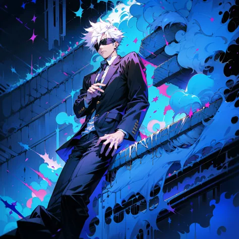 **a handsome 28-year-old man with spiky white hair, piercing blue eyes, and a black blindfold. he is wearing a jujutsu high unif...