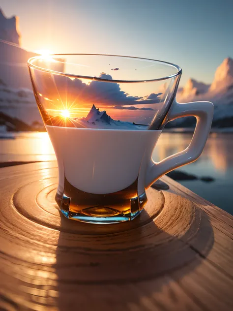 Change this tea cup background, sun rise, ice hill, penguins, 8k