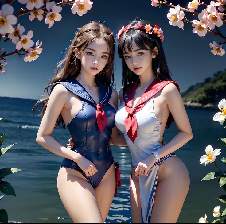 (top-quality)、 (​masterpiece)、(Professional lighting with fewer shadows)、 ((A hyper-realistic))、 (perfect anatomia)、 (In front of the camera、There are two women、Daughter showing breasts and daughter showing ass、Bangs and forehead、And moles under the eyes),...