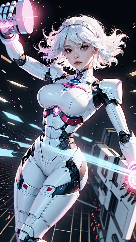 robot-girl, white colored hair, a face without emotion, dressless, iron woman