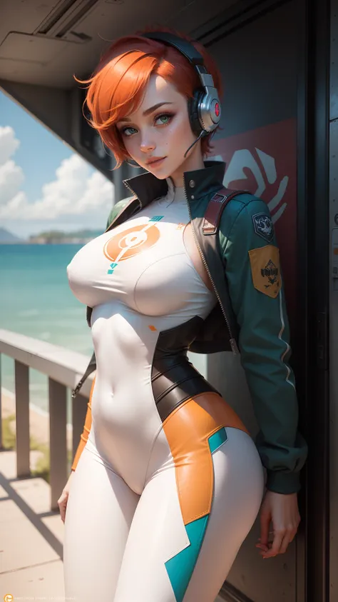 gwen tennyson,1girl,tracer,elsa,rebecca chambers,overwatch,gundam,close up,mecha pilot,ocean view,orange and steel plugsuit,hair pin,pirate corset, white long sleeve lycra top,white leggings,short hair,cute makeup,green eyes,orange and blue hair,shy smile,...