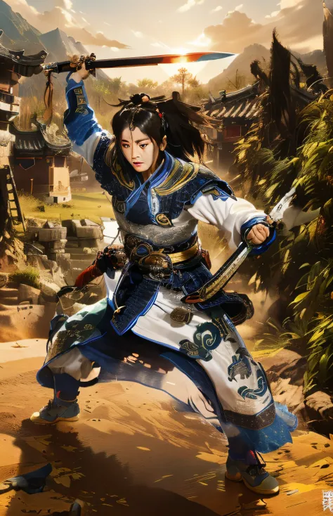 (unreal engine 5),realistic rendering, (villages), （chinese armor），a woman from the three kingdoms practices her sword in the vi...