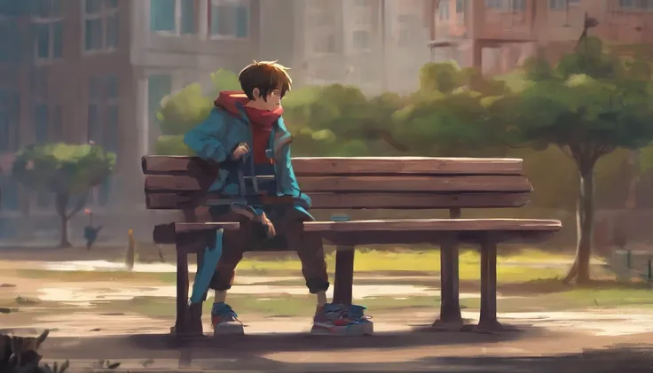 A shy boy is sitting alone on a bench in the schoolyard on a cloudy day. A su lado, un grupo de chicas conversa animadamente entre ellas