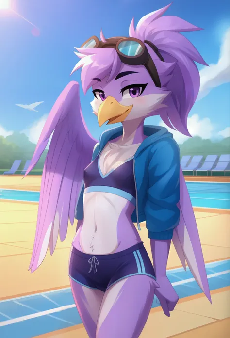 Furry girl, young, avian, yellow short beak, lilac hair, short spiky hairstyle, short spiky ponytail, anime style, small breasts, purple eyes, big eyebrows, blue hoodie jacket, open clothes, blue sport bra, blue sport shorts, pool, sunny sky, high quality,...