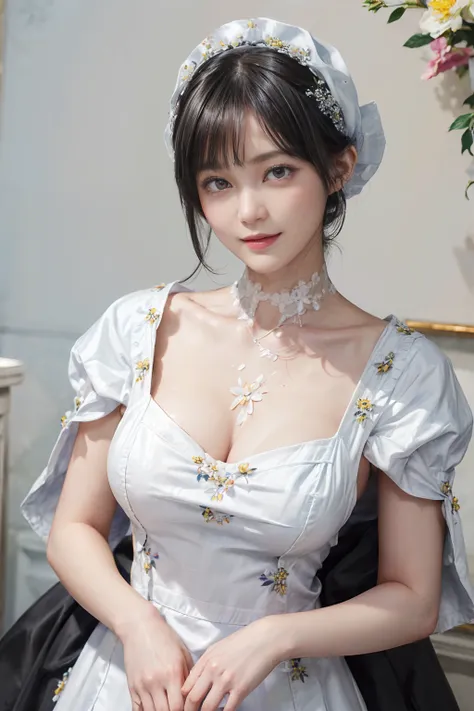 03
(Black Shorthair:1.3), (a 20 yo woman), (A hyper-realistic), (masutepiece), (8KUHD), Beautiful woman, A smile, (Wearing white maid clothes:1.3), (Floral Maid Clothing:1.2)