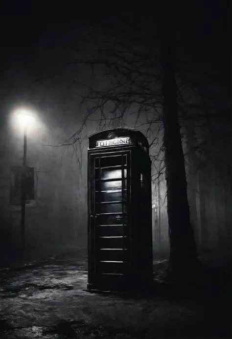 Dense atmosphere. A lonely telephone booth standing in a puff