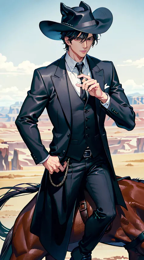 An incredibly handsome boy, Wearing a black cowboy hat,In black suit，Black vest，white  shirt，Pullovers，cowboy boots， In the Wild West, Riding a horse, In the medium shot, Surrounded by barren land.