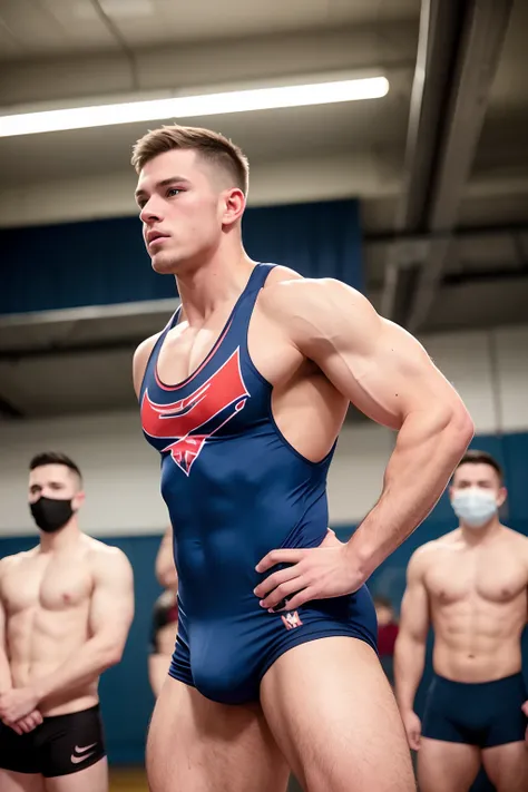 muscular male wrestler wearing a singalet standing in a high school gym, matt rhodes, tyler, greg rutwoski, derek ridgers, sam weber, carson ellis, 2 0 2 2 photo, profile pic, connor hibbs, max dennison, by Jeffrey Smith, cover shot, zach hill, dylan kowal...