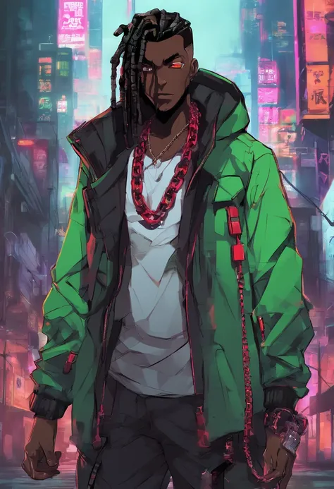 anime dark skin guy with chain around his neck and green jacket, he has black dreadlocks, heterochormia, multicolored eyes((left eye:green iris, right eye:red iris)), badass anime 8 k, digital cyberpunk anime art, cyberpunk anime art, trigger anime artstyl...