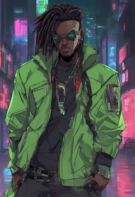 anime dark skin guy with chain around his neck and green jacket, he has black dreadlocks, heterochormia, multicolored eyes((left eye:green iris, right eye:red iris)), badass anime 8 k, digital cyberpunk anime art, cyberpunk anime art, trigger anime artstyl...