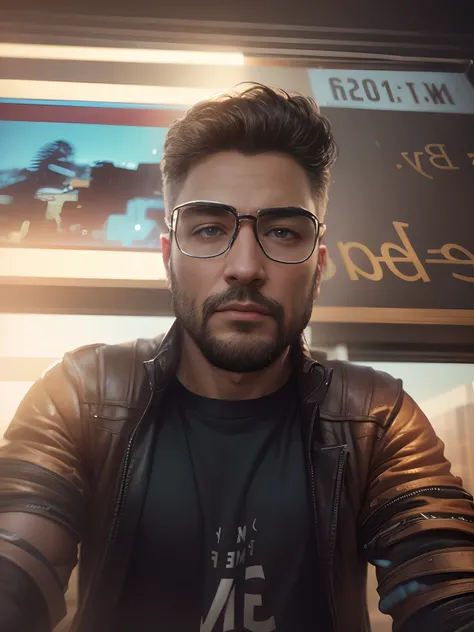 man with glasses and realistic face in a hollywood background, photo realistic, hyperrealistic, hdr, perfect face