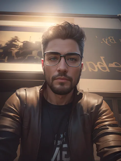 man with glasses and realistic face in a hollywood background, photo realistic, hyperrealistic, hdr, perfect face