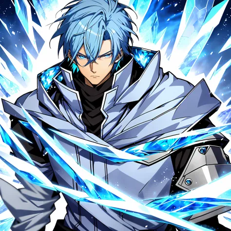 Anime characters with blue hair and blue eyes in snowy scenes, Ice Mage,  Tall anime guy with blue eyes, freezing blue skin, Key anime art, male anime character, Ice crystal armor, Detailed key anime art, full portrait of magical knight, Blue and ice silve...