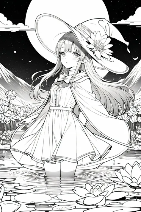 masterpiece, best quality,1girl, adjusting clothes, adjusting headwear, blush, bow, bowtie, breasts, brown eyes, brown hair, cloak, cloud, cloudy sky, crescent moon, dress, fantasy, flower, glowing, glowing flower, hat, light particles, lily pad, long hair...