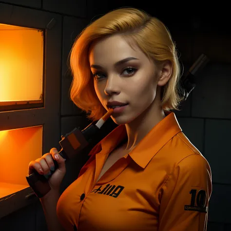 TheConvict, solo, smile, masterpiece, holding a gun, 1girl, gun detail, orange prisoner shirt, collared shirt, bright lighting, big breasts, cigarette in mouth, outside