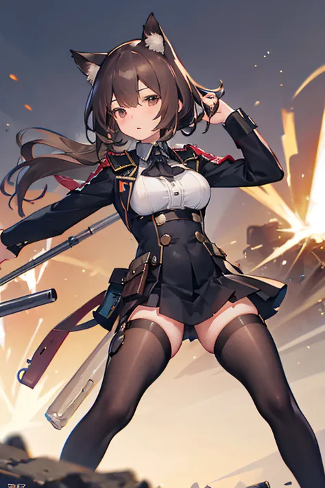 Best quality, masterpiece, super high resolution, single, 1 girl, depth of field, military, stockings, cat ears, brown hair, combat stance, battlefield, distant explosions