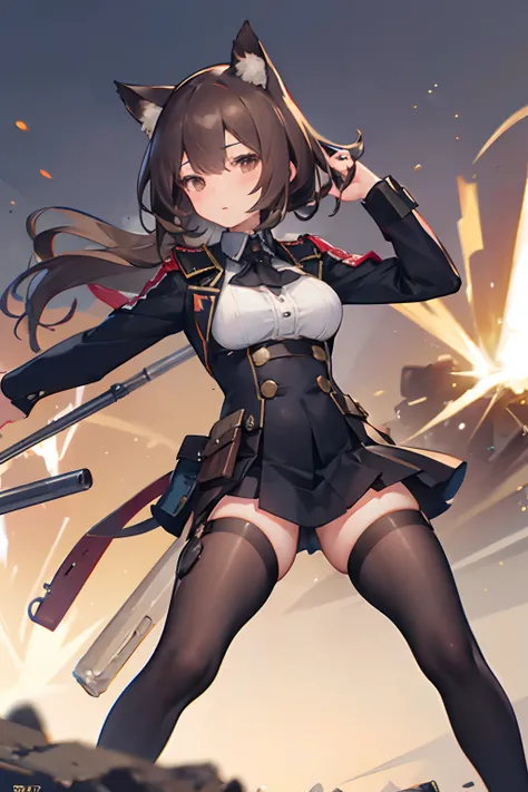 Best quality, masterpiece, super high resolution, single, 1 girl, depth of field, military, stockings, cat ears, brown hair, combat stance, battlefield, distant explosions