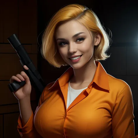 TheConvict, solo, smile, masterpiece, holding a gun, 1girl, gun detail, orange prisoner shirt, collared shirt, bright lighting, big breasts