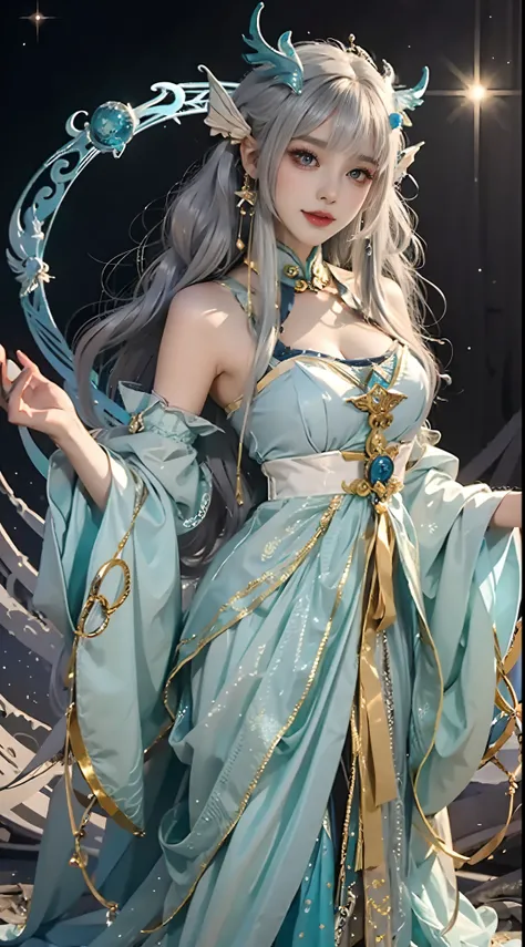 Close-up of a woman in costume on stage, Whole body xylose, Beautiful celestial mage, a stunning young ethereal figure, beautiful fantasy empress, astral witch clothes, shaxi, flowing magical robe, Hanfu Blanco, xianxia fantasy, belle delphine, Ethereal fa...