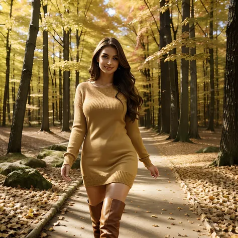 Generate full body photography of Autumn, the stunning brunette influencer. She should appear in her mid-20s approximately 54" tall with long, wavy chestnut hair that falls gracefully on her shoulders. She has an athletic hourglass figure accentuated by he...