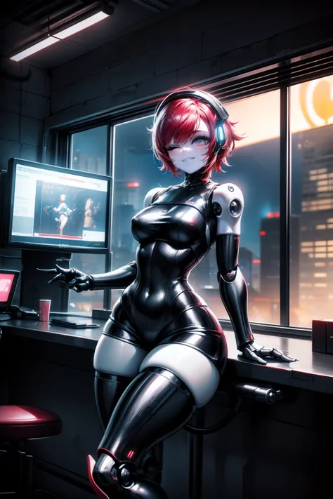 1girl,short hairs,red hairs,light blue eyes, curvy,humanoid robot, joints, robot, robot joints, shiny, shiny skin, thighs, robot, humanoid robot, robot girl,indoor,window,science fiction,grin,short shorts ,sleeveless jacket ,cyberpunk,sci-fi, one eye close...