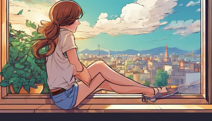 a girl sitting on window, looking through the window, back view illustration, classic anime style