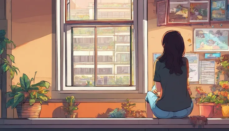 a girl sitting on window, looking through the window, back view illustration, classic anime style