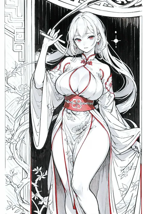 1girl,Line Art,sketch,Pencil drawing, Oil painting, traditional media,((perfect female figure)), white hair, red eyes, mature female, milf, narrow waist, chinese deity, looking at viewer, seductive posture, sexy pose, alluring, clean, beautiful face, pure ...