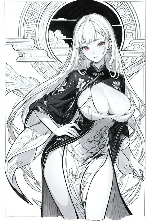 1girl,Line Art,sketch,Pencil drawing, Oil painting, traditional media,((perfect female figure)), white hair, red eyes, mature female, milf, narrow waist, chinese deity, looking at viewer, seductive posture, sexy pose, alluring, clean, beautiful face, pure ...