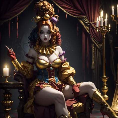 Crazy Clown Queen，sitting on golden throne,Jester cap,Clown costume, mitts,Vibrant colors, burst into laughter, dark gold hair,Cute,Horror,Wavy hair, hair-bun,high-heels。 (Its all blood)，Circus props, spooky ambiance, haunted background。style of surrealism...