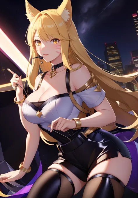 ((masterpiece)), (best quality:1.7), (detailed:1.4), (high res:1.4), 8k, (colorful:1.5), 2d, high resolution, sharped image, 4k, hd, kda_ahri_league, 1girl, (((solo))), (((blonde hair))), yellow eyes, long hair, upper body, cleavage, medium breasts, headse...